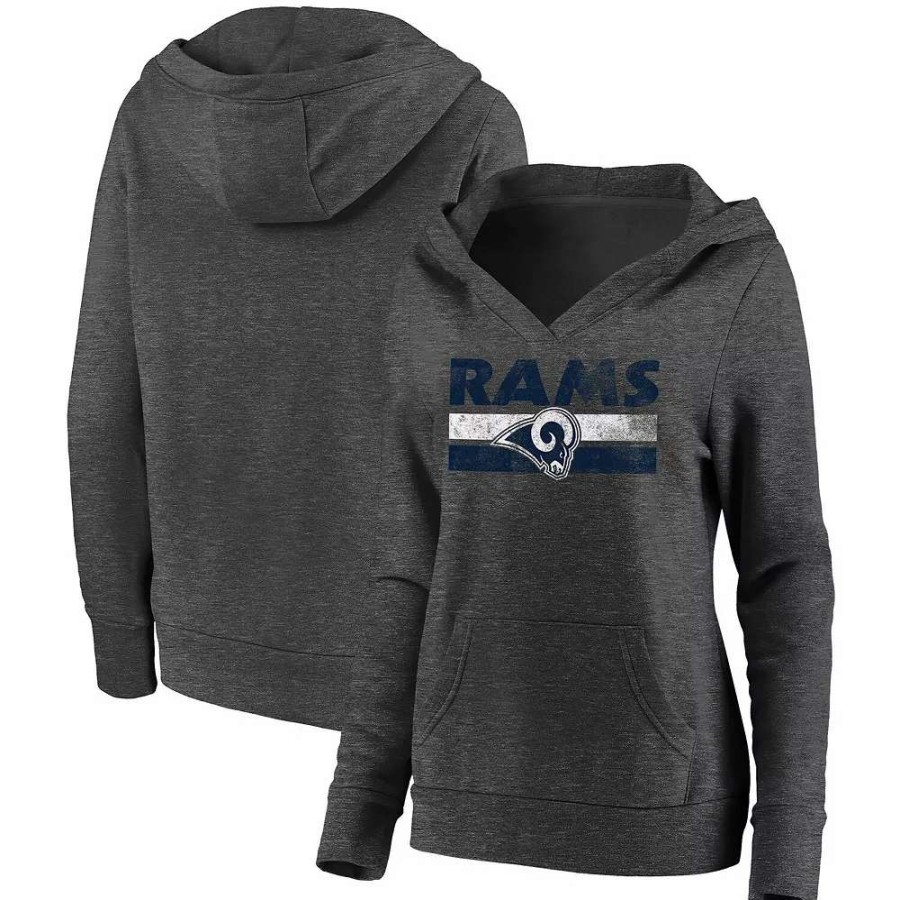 Tops * | Women'S Fanatics Branded Heathered Charcoal Los Angeles Rams First String V-Neck Pullover Hoodie