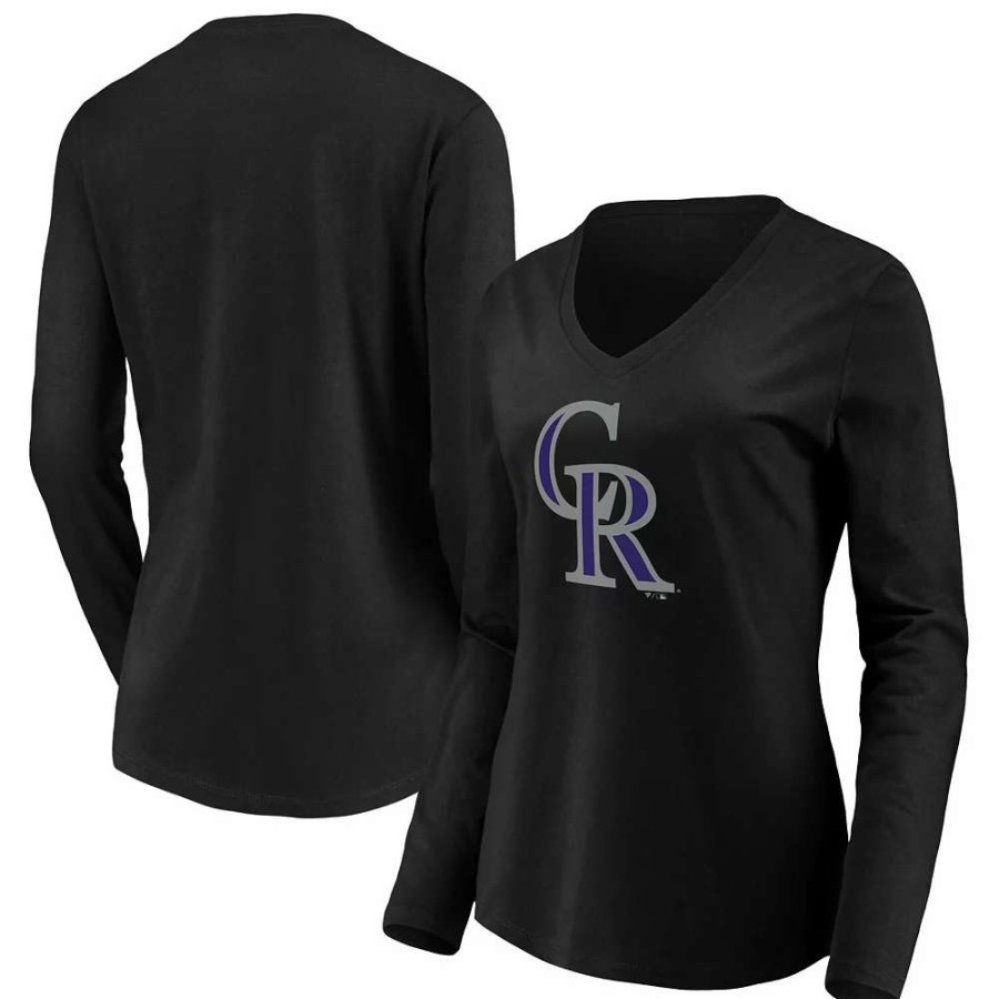 Tops * | Women'S Fanatics Branded Black Colorado Rockies Official Logo Long Sleeve V-Neck T-Shirt