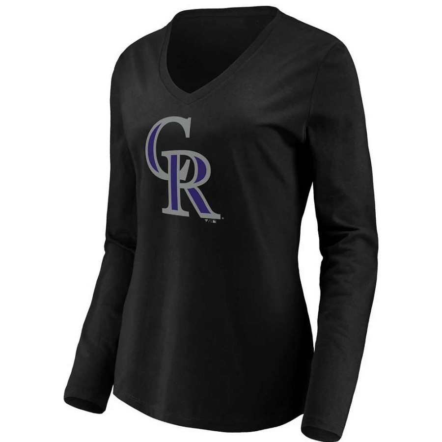 Tops * | Women'S Fanatics Branded Black Colorado Rockies Official Logo Long Sleeve V-Neck T-Shirt