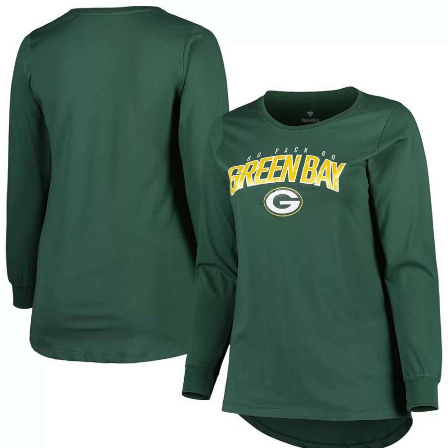 Tops * | Women'S Fanatics Branded Green Green Bay Packers Plus Size Measure Distance Scoop Neck Long Sleeve T-Shirt