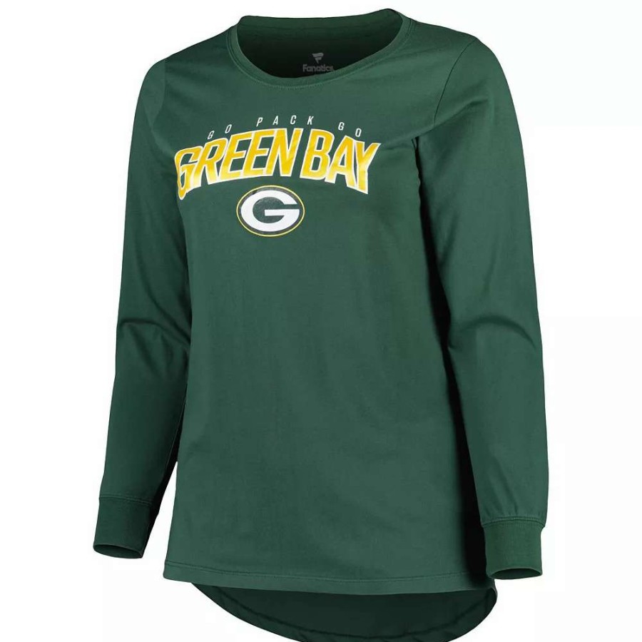 Tops * | Women'S Fanatics Branded Green Green Bay Packers Plus Size Measure Distance Scoop Neck Long Sleeve T-Shirt