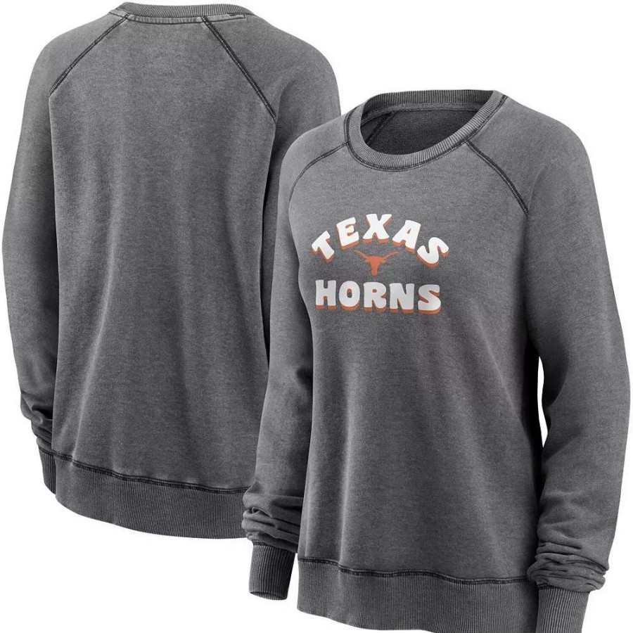 Tops * | Women'S Fanatics Branded Heathered Charcoal Texas Longhorns Retro Raglan Pullover Sweatshirt