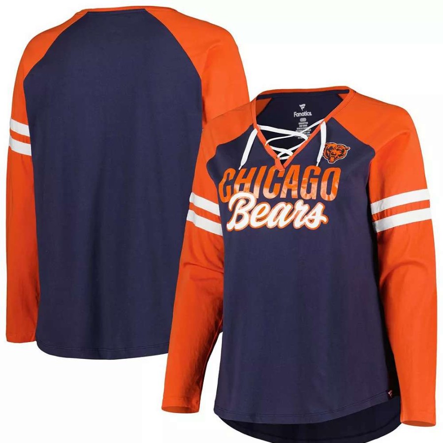 Tops * | Women'S Fanatics Branded Navy/Orange Chicago Bears Plus Size True To Form Lace-Up V-Neck Raglan Long Sleeve T-Shirt