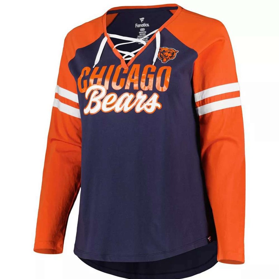 Tops * | Women'S Fanatics Branded Navy/Orange Chicago Bears Plus Size True To Form Lace-Up V-Neck Raglan Long Sleeve T-Shirt