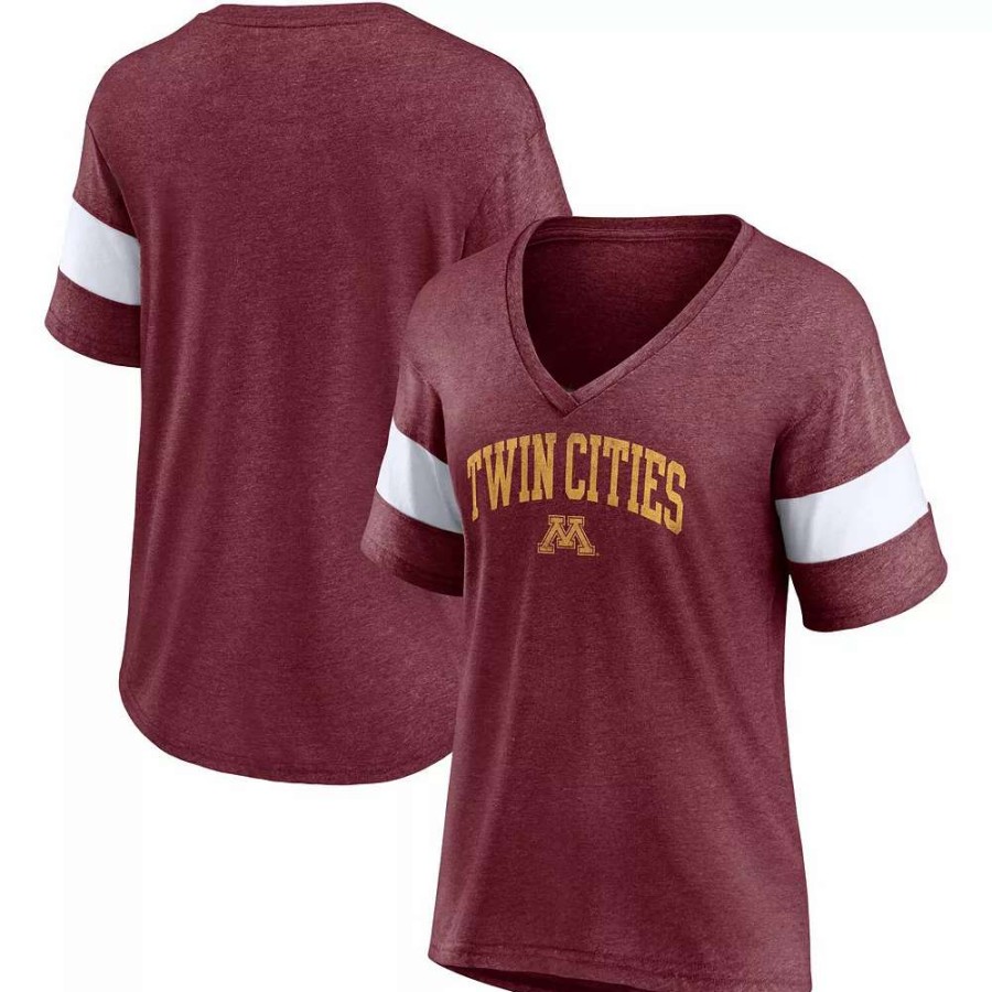 Tops * | Women'S Fanatics Branded Heathered Maroon Minnesota Golden Gophers Arched City Sleeve-Striped Tri-Blend V-Neck T-Shirt