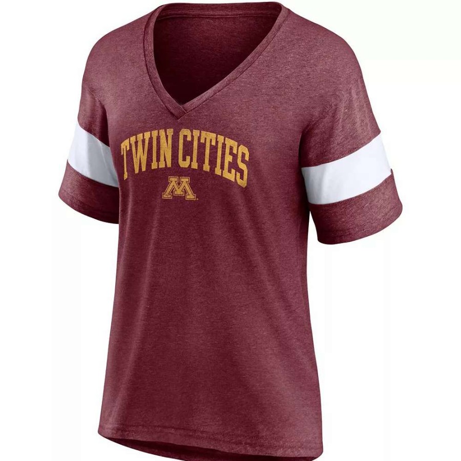 Tops * | Women'S Fanatics Branded Heathered Maroon Minnesota Golden Gophers Arched City Sleeve-Striped Tri-Blend V-Neck T-Shirt