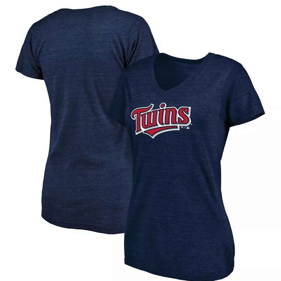 Tops * | Women'S Fanatics Branded Heathered Navy Minnesota Twins Wordmark Tri-Blend V-Neck T-Shirt