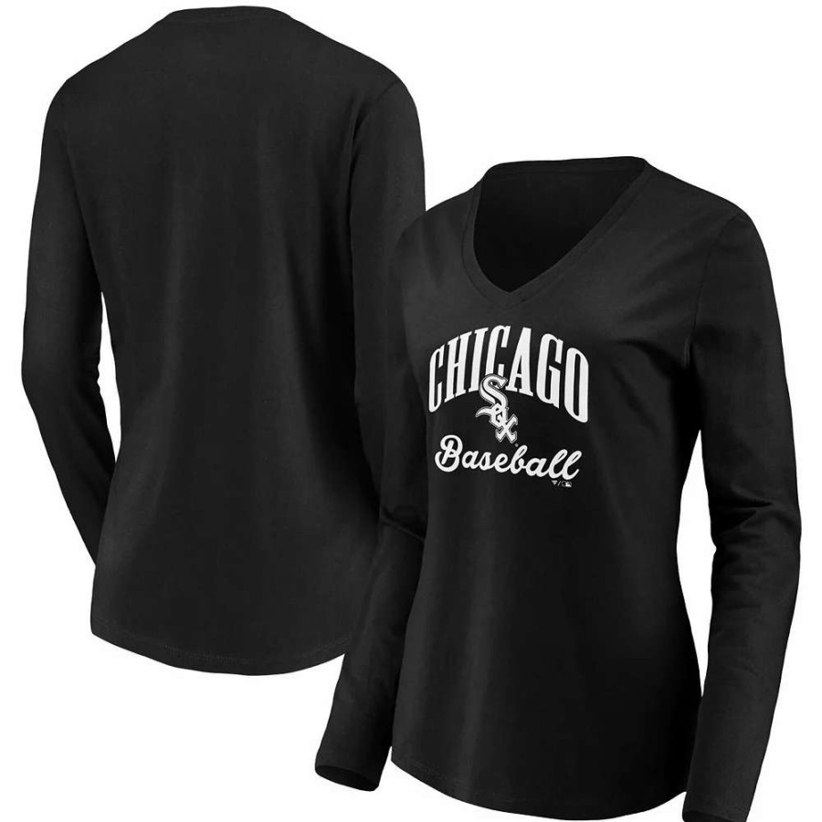 Tops * | Women'S Fanatics Branded Black Chicago White Sox Victory Script V-Neck Long Sleeve T-Shirt