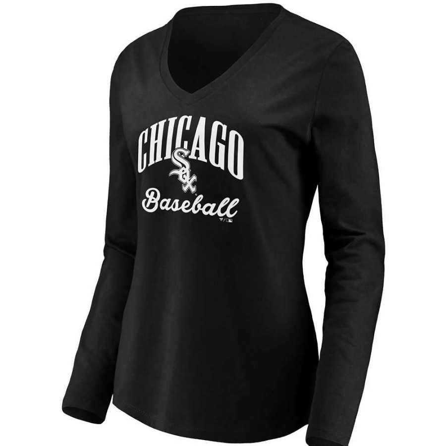 Tops * | Women'S Fanatics Branded Black Chicago White Sox Victory Script V-Neck Long Sleeve T-Shirt