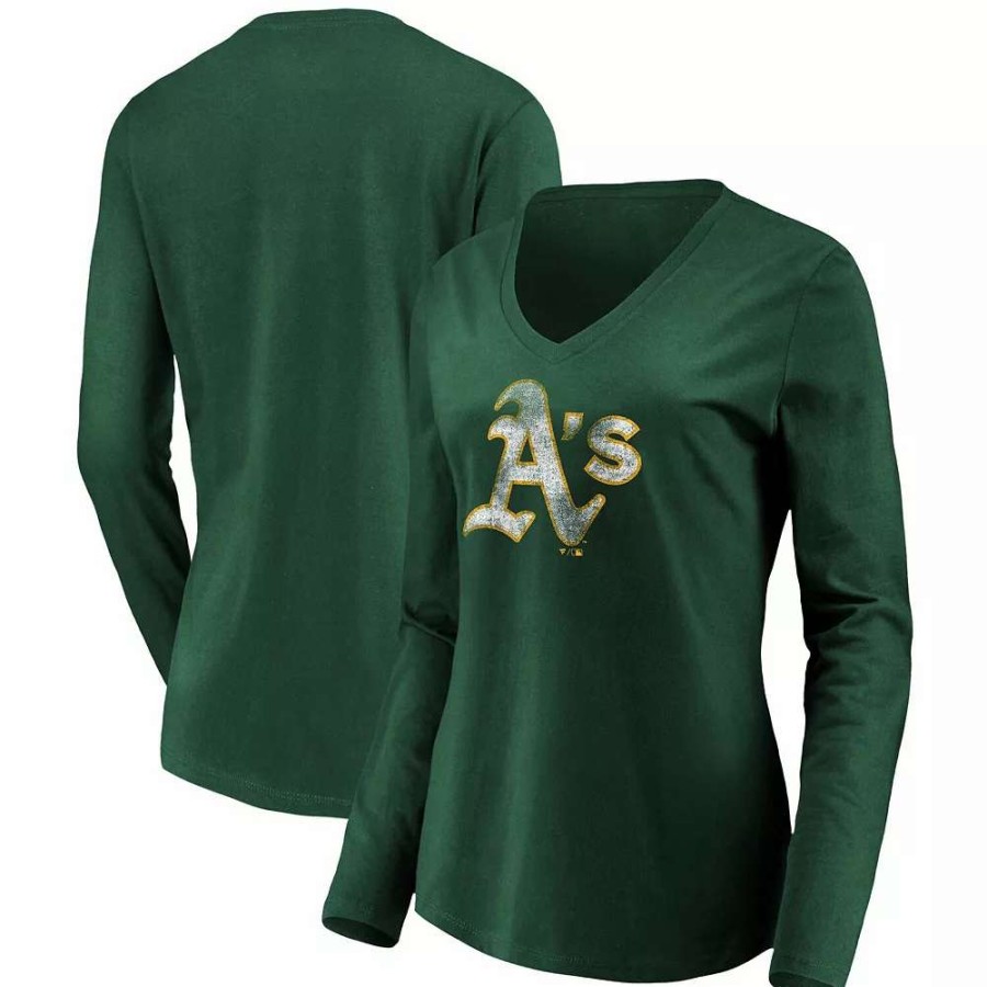 Tops * | Women'S Fanatics Branded Green Oakland Athletics Core Team Long Sleeve V-Neck T-Shirt