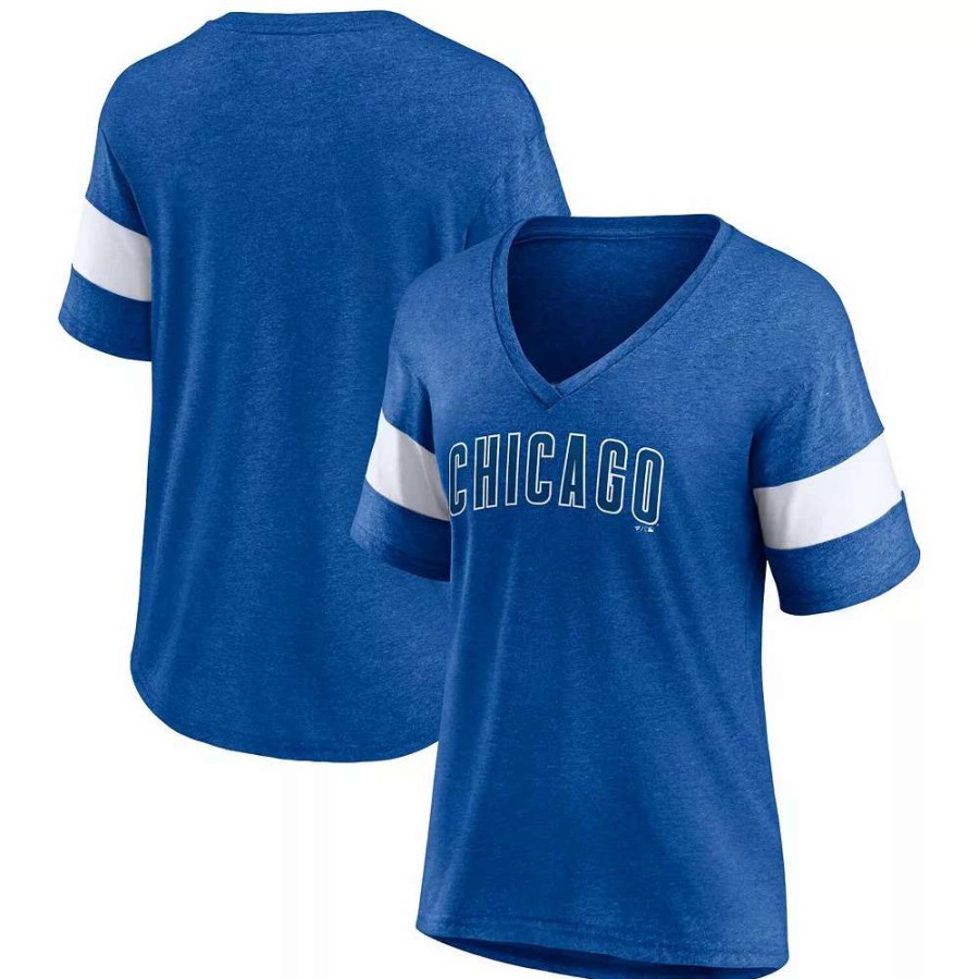 Tops * | Women'S Fanatics Branded Heathered Royal Chicago Cubs Wordmark V-Neck Tri-Blend T-Shirt