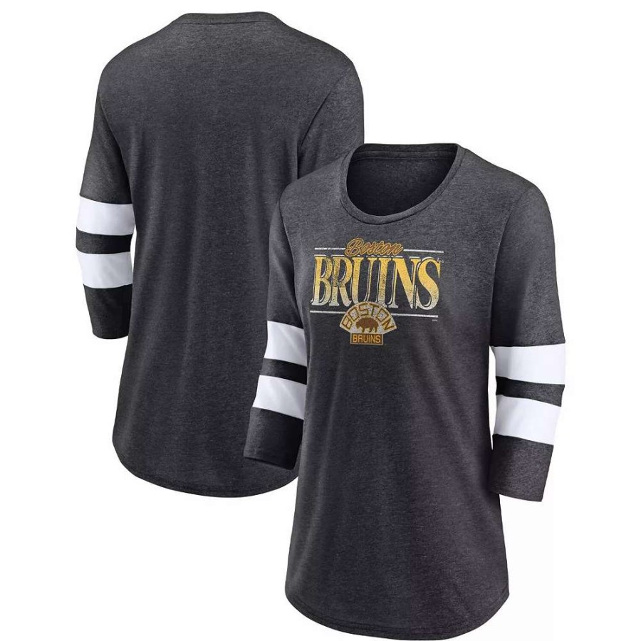 Tops * | Women'S Fanatics Branded Heathered Charcoal/White Boston Bruins Full Shield 3/4-Sleeve Tri-Blend Raglan Scoop Neck T-Shirt