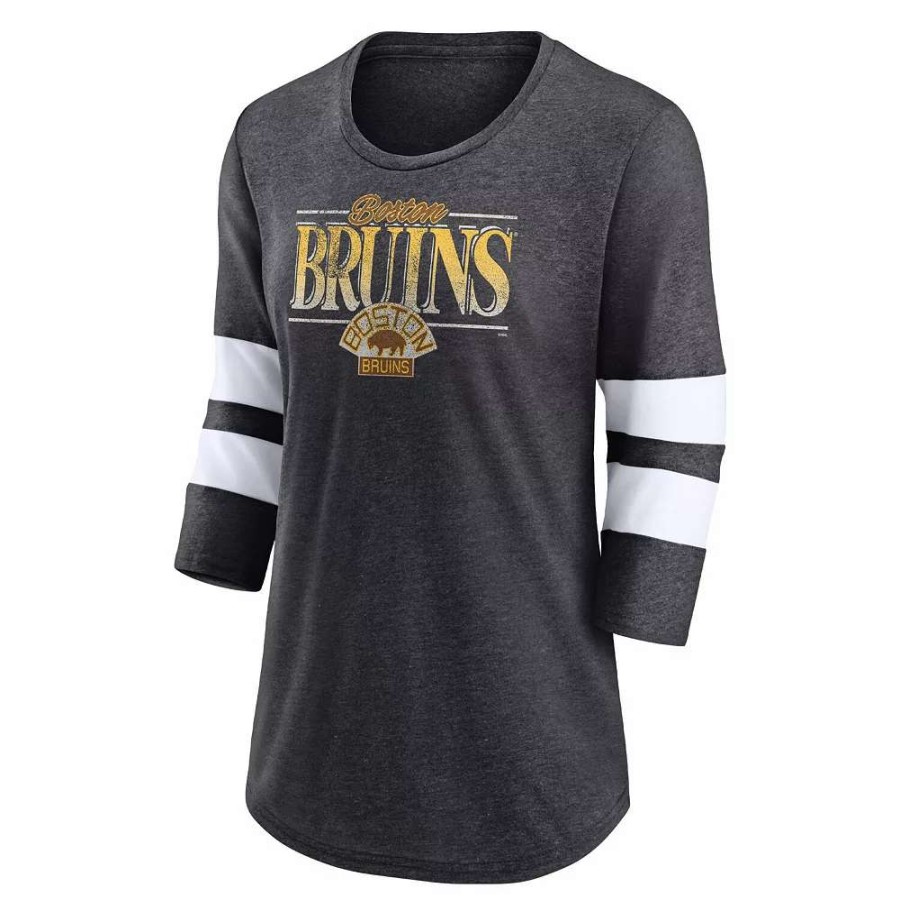 Tops * | Women'S Fanatics Branded Heathered Charcoal/White Boston Bruins Full Shield 3/4-Sleeve Tri-Blend Raglan Scoop Neck T-Shirt