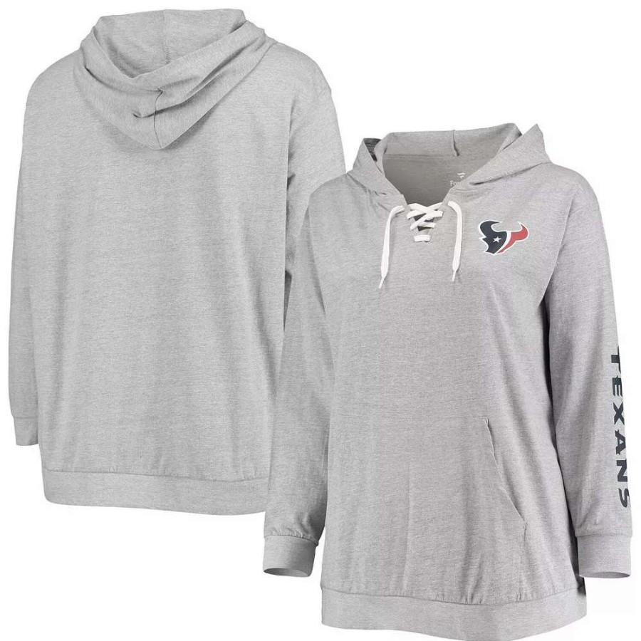 Tops * | Women'S Fanatics Branded Heathered Gray Houston Texans Plus Size Lace-Up Pullover Hoodie