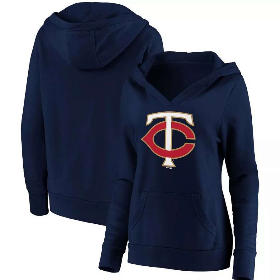 Tops * | Women'S Fanatics Branded Navy Minnesota Twins Official Logo Crossover V-Neck Pullover Hoodie