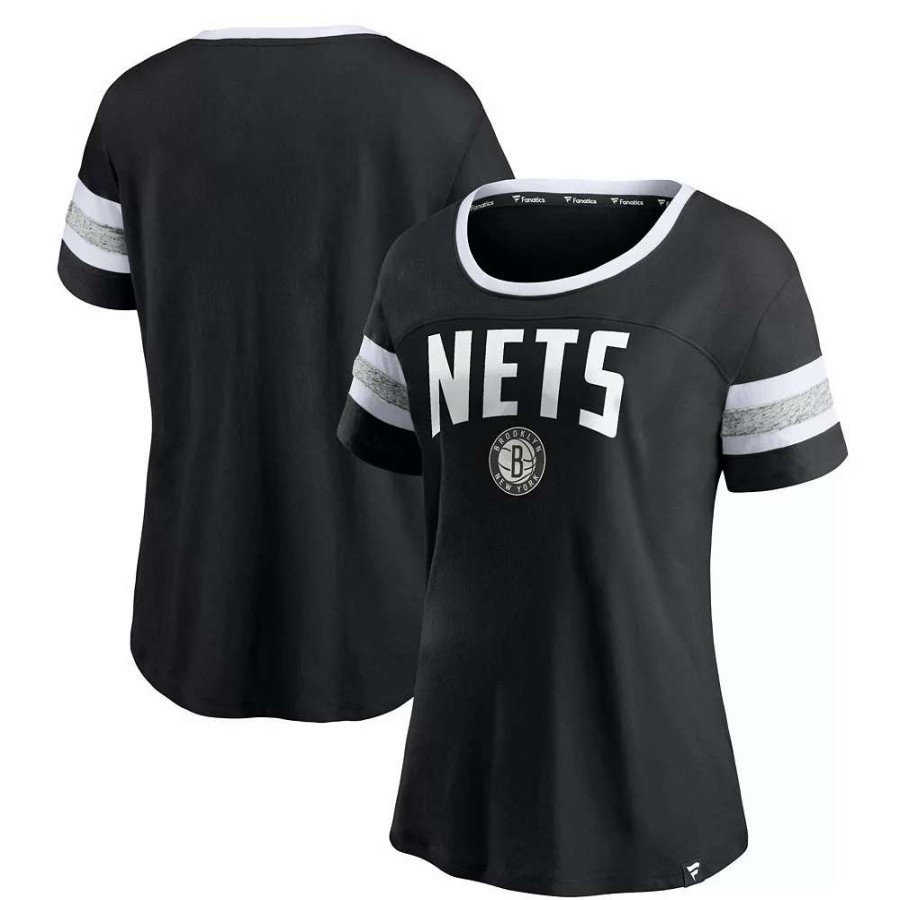 Tops * | Women'S Fanatics Branded Black/Heathered Gray Brooklyn Nets Block Party Striped Sleeve T-Shirt