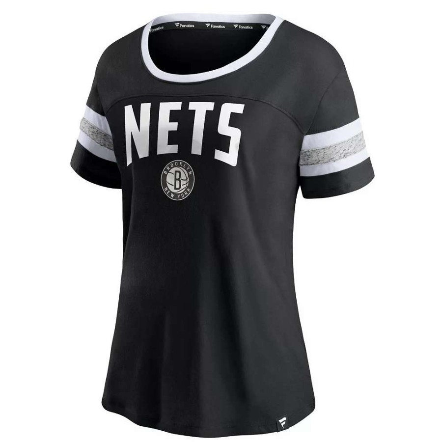 Tops * | Women'S Fanatics Branded Black/Heathered Gray Brooklyn Nets Block Party Striped Sleeve T-Shirt