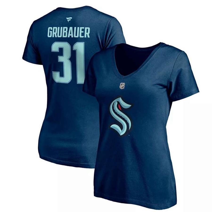 Tops * | Women'S Fanatics Branded Philipp Grubauer Deep Sea Blue Seattle Kraken Authentic Stack Name & Number V-Neck T-Shirt