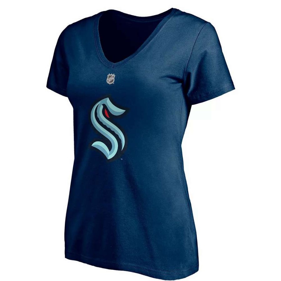 Tops * | Women'S Fanatics Branded Philipp Grubauer Deep Sea Blue Seattle Kraken Authentic Stack Name & Number V-Neck T-Shirt