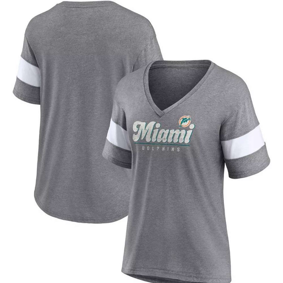 Tops * | Women'S Fanatics Branded Heathered Gray Miami Dolphins Give It All Half-Sleeve V-Neck T-Shirt