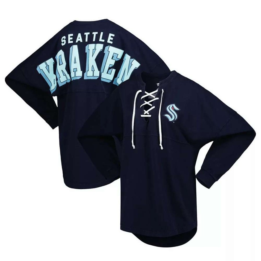 Tops * | Women'S Fanatics Branded Deep Sea Blue Seattle Kraken Spirit Lace-Up V-Neck Long Sleeve Jersey T-Shirt