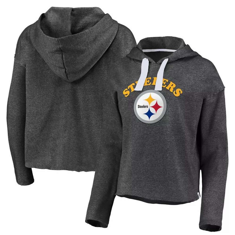 Tops * | Women'S Fanatics Branded Heathered Charcoal Pittsburgh Steelers Historic Logo Sport Resort Vintage Arc Cropped Raw Edge Pullover Hoodie