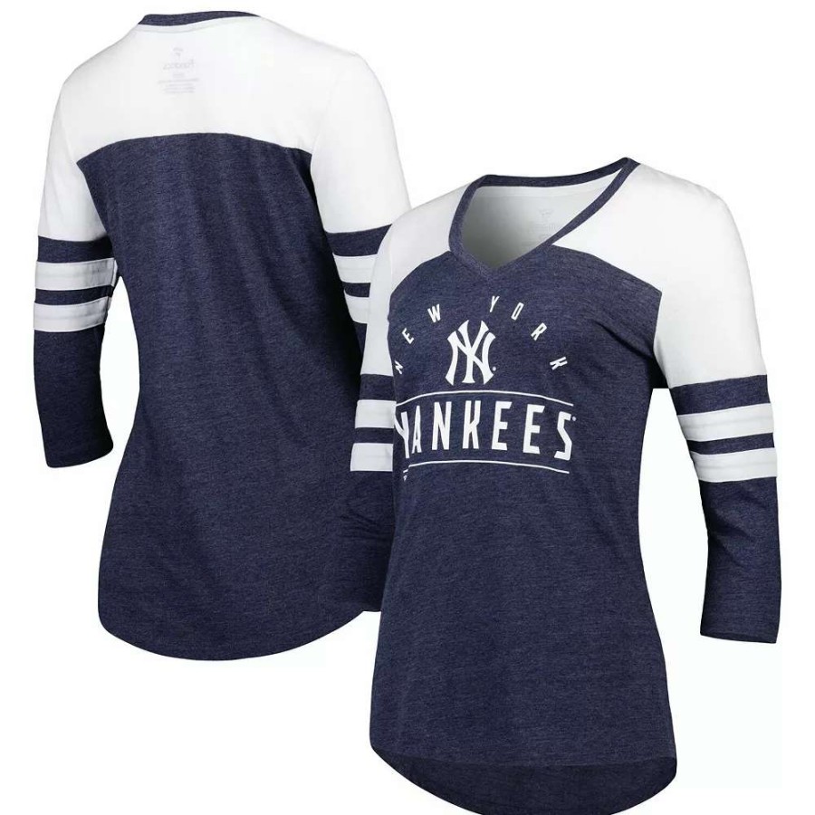 Tops * | Women'S Fanatics Branded Heather Navy New York Yankees League Leader Tri-Blend 3/4-Sleeve V-Neck T-Shirt