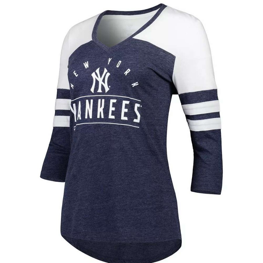 Tops * | Women'S Fanatics Branded Heather Navy New York Yankees League Leader Tri-Blend 3/4-Sleeve V-Neck T-Shirt