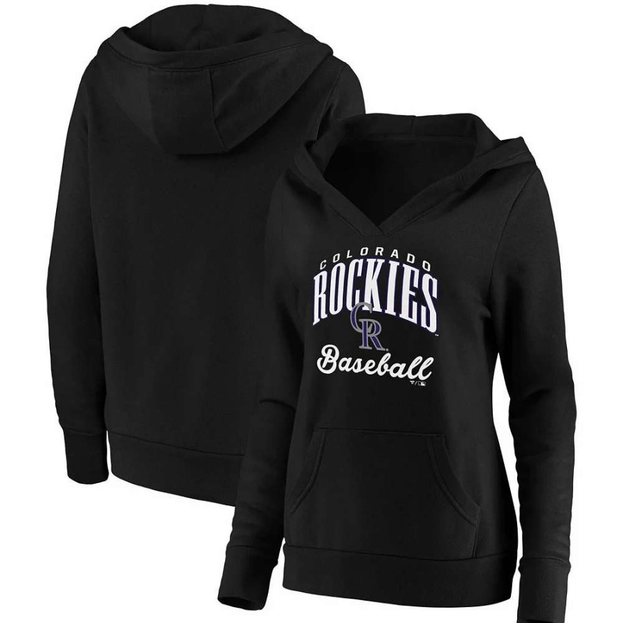 Tops * | Women'S Fanatics Branded Black Colorado Rockies Victory Script Crossover Neck Pullover Hoodie