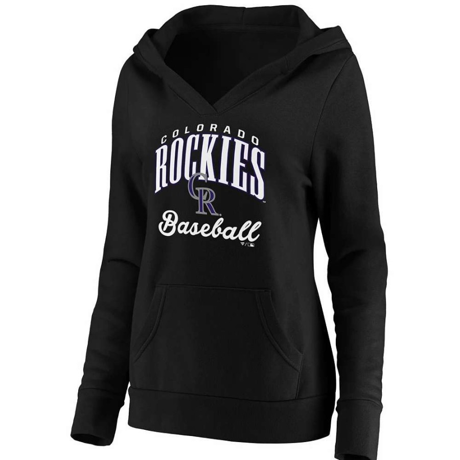 Tops * | Women'S Fanatics Branded Black Colorado Rockies Victory Script Crossover Neck Pullover Hoodie