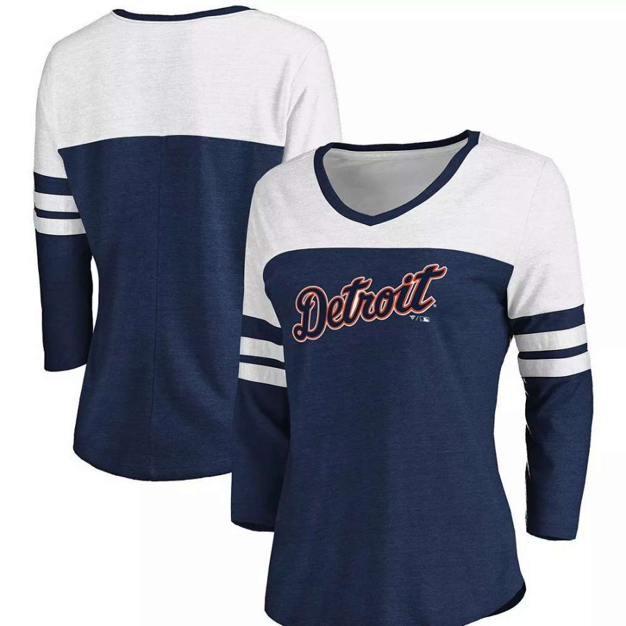 Tops * | Women'S Fanatics Branded Heathered Navy/White Detroit Tigers Official Wordmark 3/4 Sleeve V-Neck Tri-Blend T-Shirt