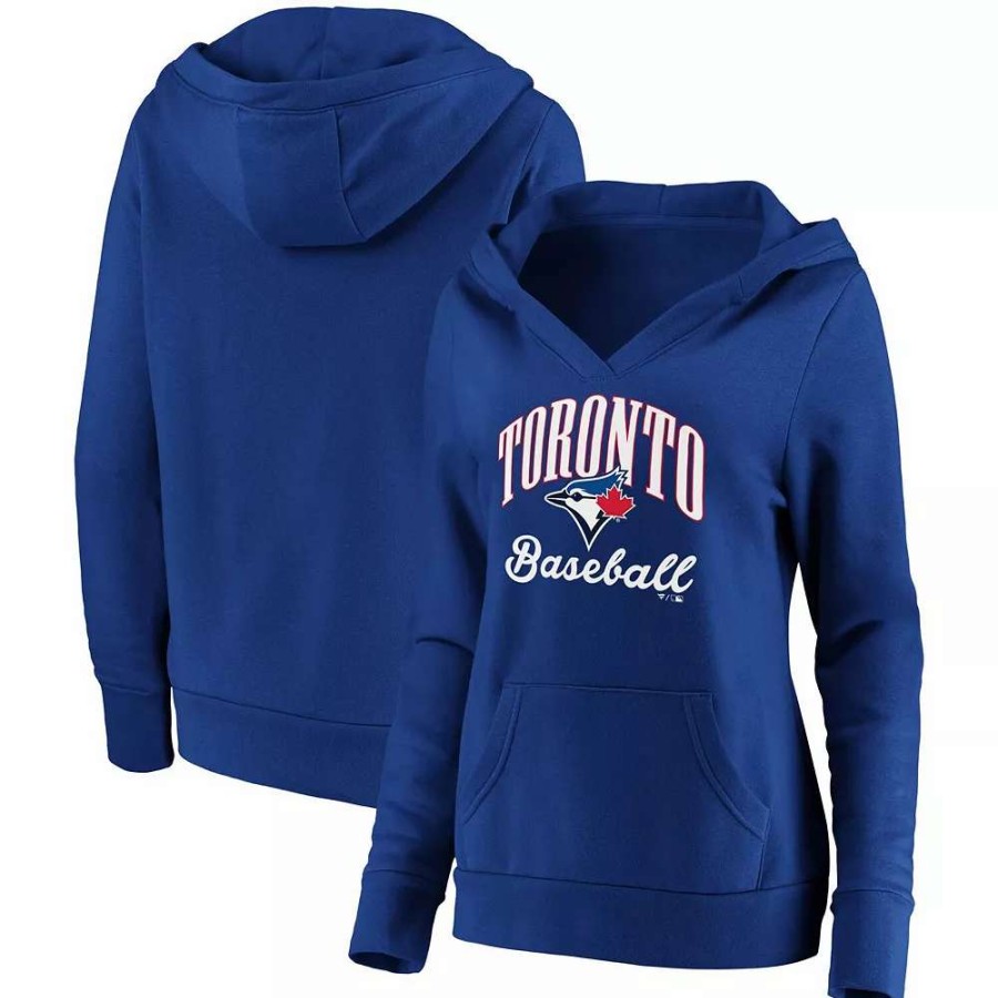 Tops * | Women'S Fanatics Branded Royal Toronto Blue Jays Victory Script Crossover Neck Pullover Hoodie