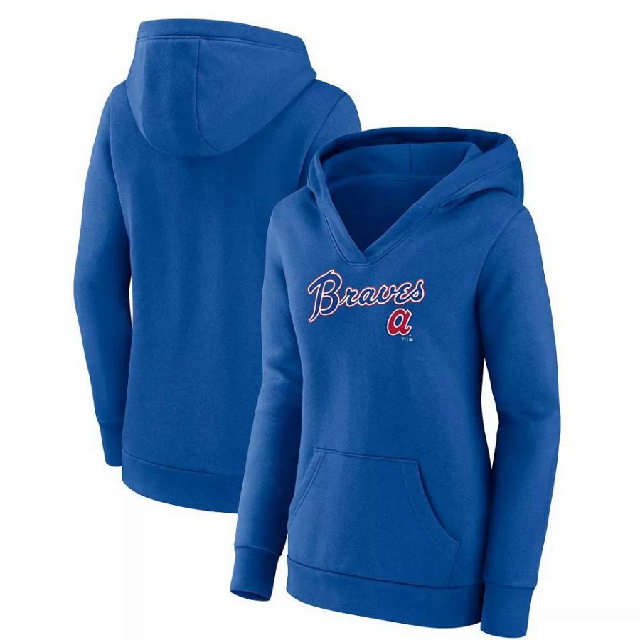 Tops * | Women'S Fanatics Branded Royal Atlanta Braves Wahconah Crossover V-Neck Pullover Hoodie