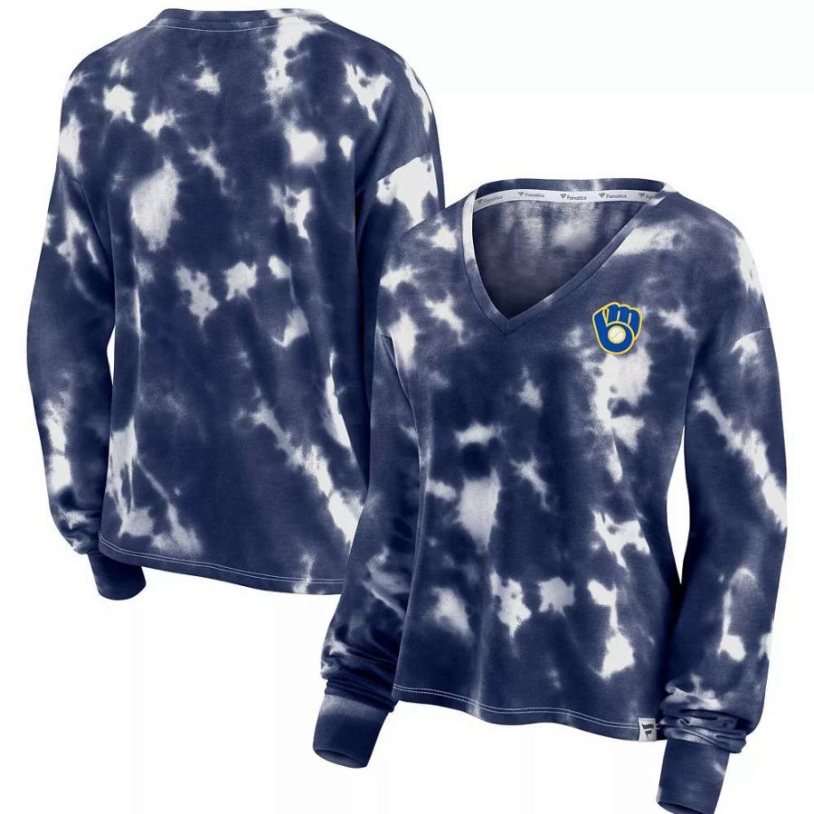 Tops * | Women'S Fanatics Branded White/Navy Milwaukee Brewers Tie-Dye V-Neck Pullover Cropped Tee