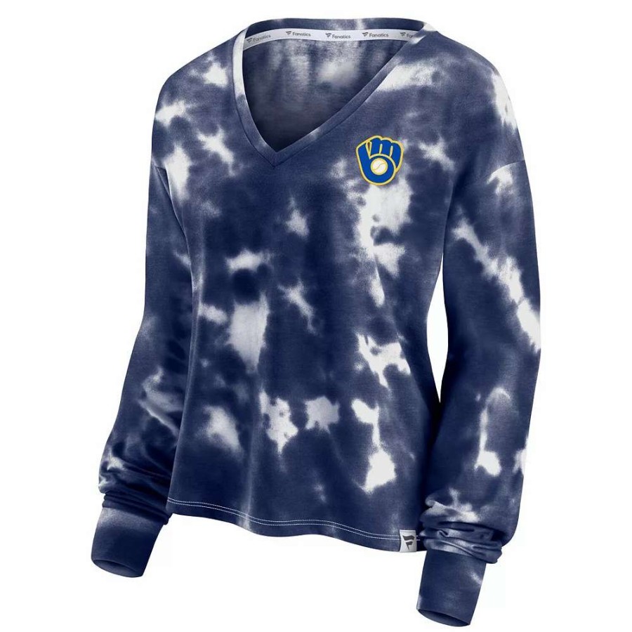 Tops * | Women'S Fanatics Branded White/Navy Milwaukee Brewers Tie-Dye V-Neck Pullover Cropped Tee