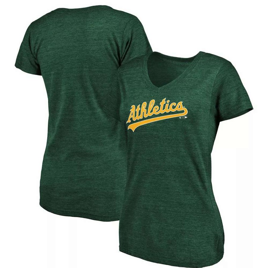 Tops * | Women'S Fanatics Branded Heathered Green Oakland Athletics Wordmark Tri-Blend V-Neck T-Shirt