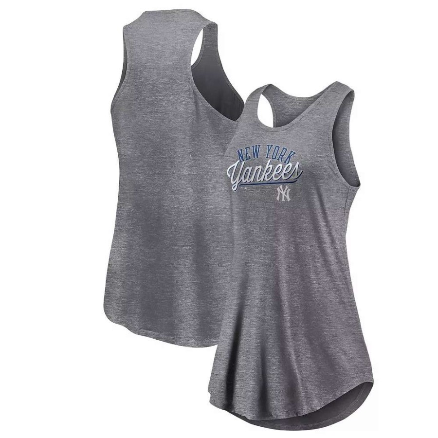 Tops * | Women'S Fanatics Branded Heather Gray New York Yankees Simplicity Swing Racerback Scoop Neck Tank Top