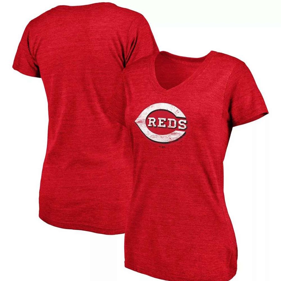 Tops * | Women'S Fanatics Branded Heathered Red Cincinnati Reds Core Weathered Tri-Blend V-Neck T-Shirt