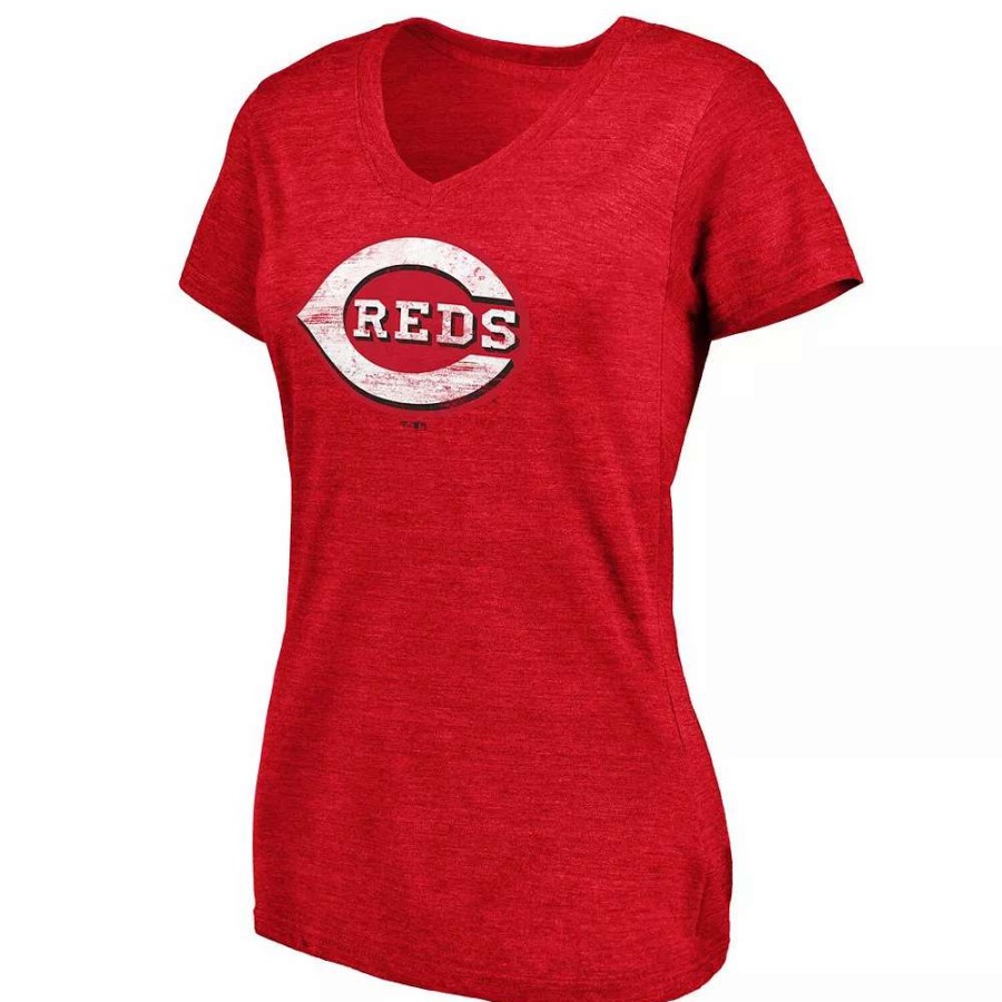 Tops * | Women'S Fanatics Branded Heathered Red Cincinnati Reds Core Weathered Tri-Blend V-Neck T-Shirt