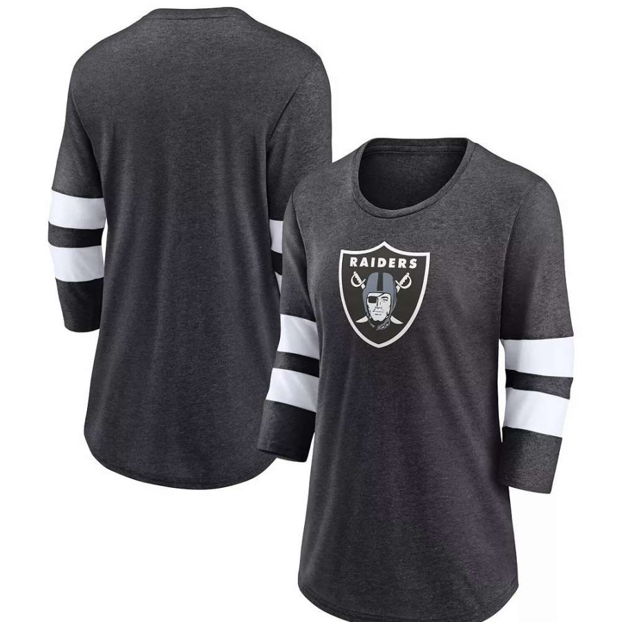 Tops * | Women'S Fanatics Branded Heathered Charcoal Las Vegas Raiders Primary Logo 3/4 Sleeve Scoop Neck T-Shirt