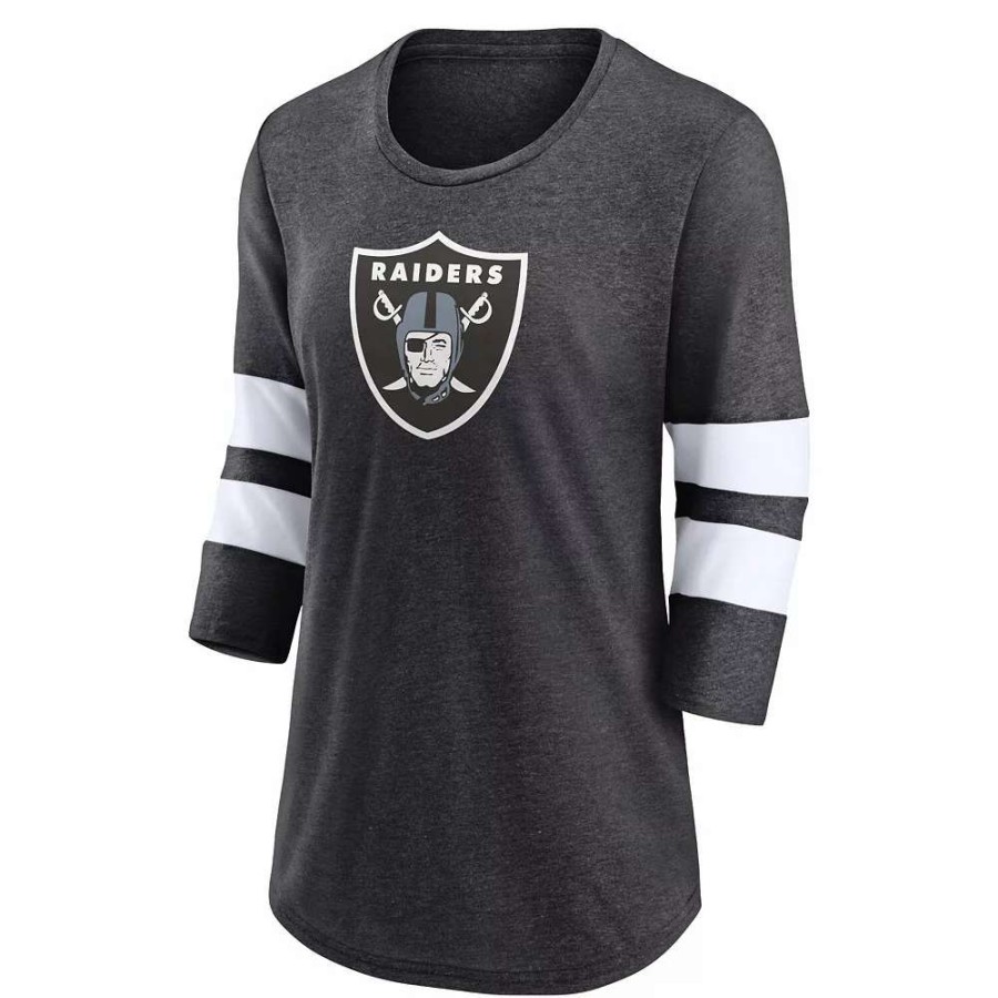 Tops * | Women'S Fanatics Branded Heathered Charcoal Las Vegas Raiders Primary Logo 3/4 Sleeve Scoop Neck T-Shirt