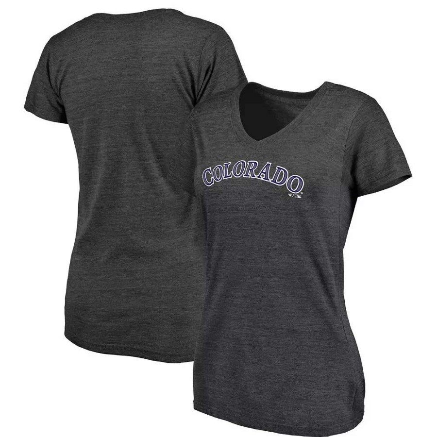 Tops * | Women'S Fanatics Branded Heathered Charcoal Colorado Rockies Wordmark Tri-Blend V-Neck T-Shirt