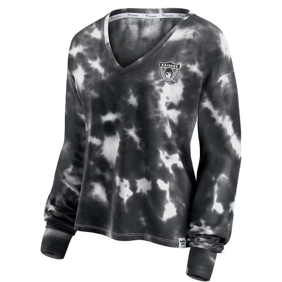 Tops * | Women'S Fanatics Branded White/Black Las Vegas Raiders Sport Resort Tie-Dye V-Neck Long Sleeve T-Shirt