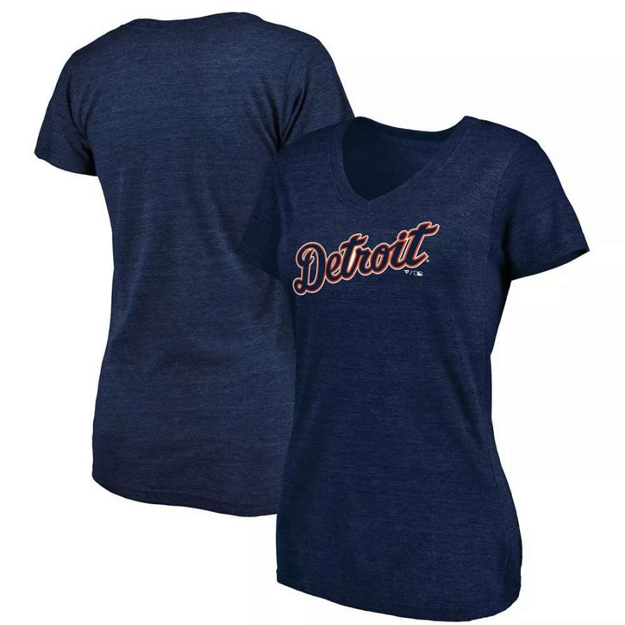 Tops * | Women'S Fanatics Branded Heathered Navy Detroit Tigers Wordmark Tri-Blend V-Neck T-Shirt