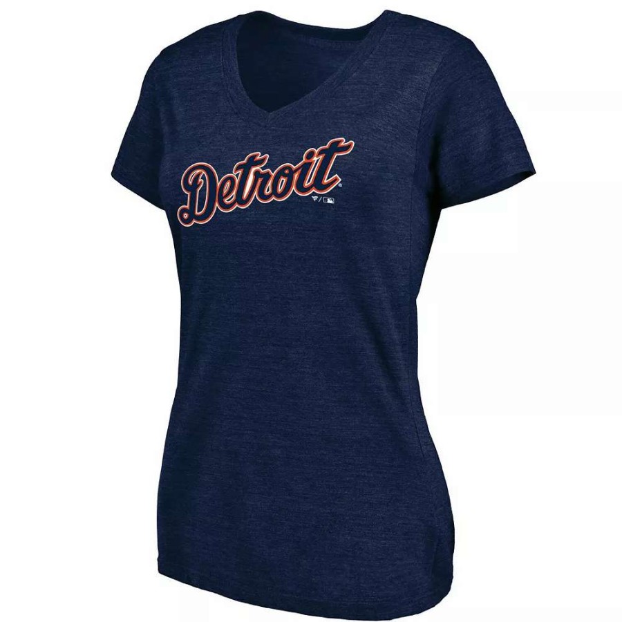 Tops * | Women'S Fanatics Branded Heathered Navy Detroit Tigers Wordmark Tri-Blend V-Neck T-Shirt