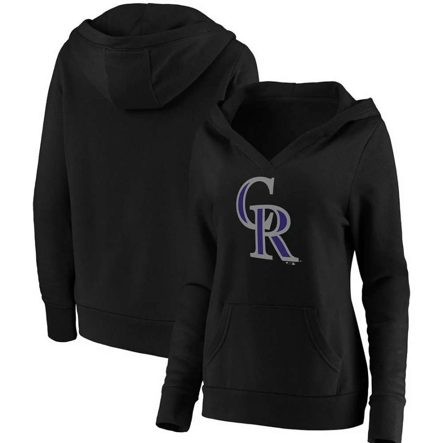 Tops * | Women'S Fanatics Branded Black Colorado Rockies Official Logo Crossover V-Neck Pullover Hoodie