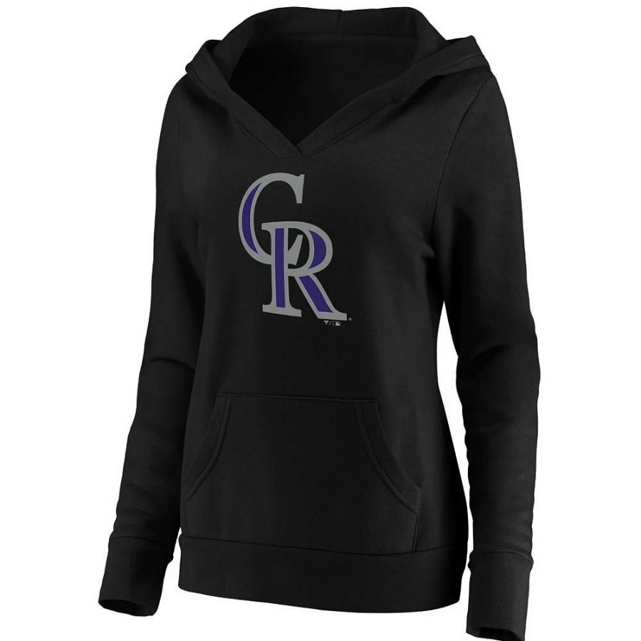 Tops * | Women'S Fanatics Branded Black Colorado Rockies Official Logo Crossover V-Neck Pullover Hoodie