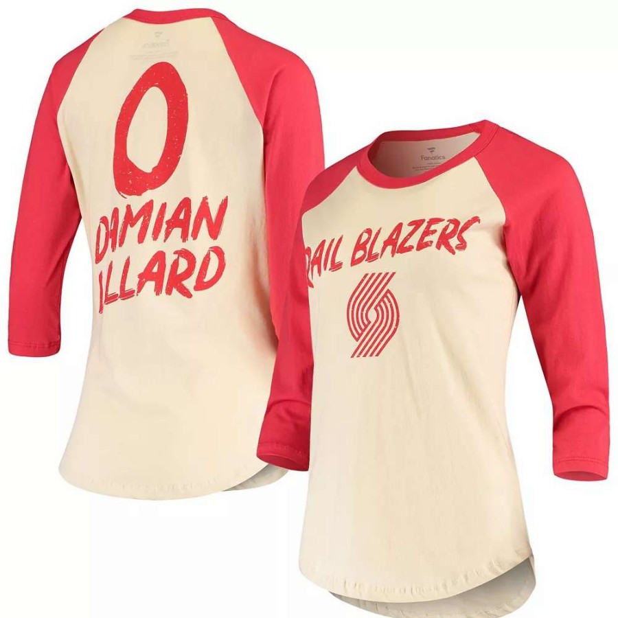 Tops * | Women'S Fanatics Branded Damian Lillard Cream Portland Trail Blazers Raglan 3/4 Sleeve T-Shirt