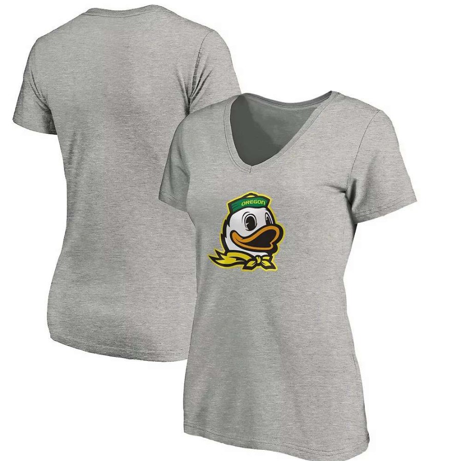 Tops * | Women'S Majestic Heathered Gray Oregon Ducks Primary Logo V-Neck T-Shirt