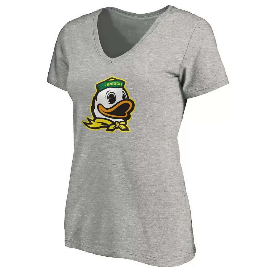 Tops * | Women'S Majestic Heathered Gray Oregon Ducks Primary Logo V-Neck T-Shirt